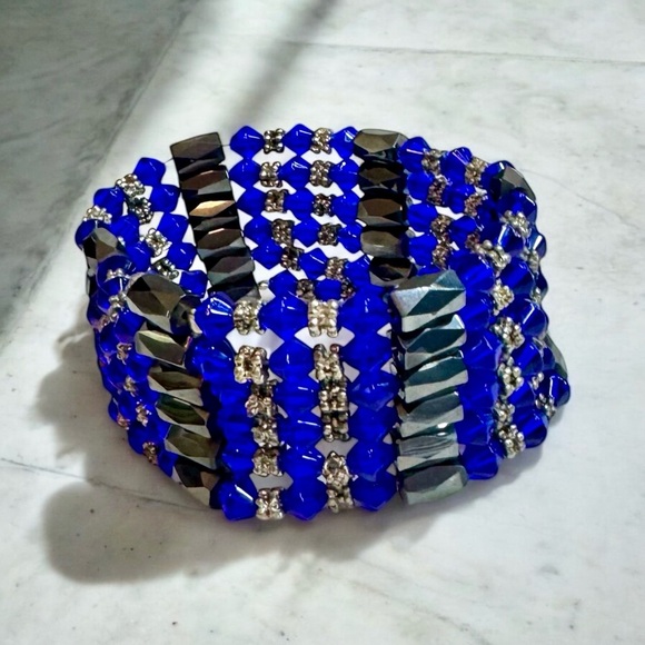 Magnetic Hematite & Royal Blue Bicone Crystal Bead Wrap Bracelet - Picture 3 of 9
